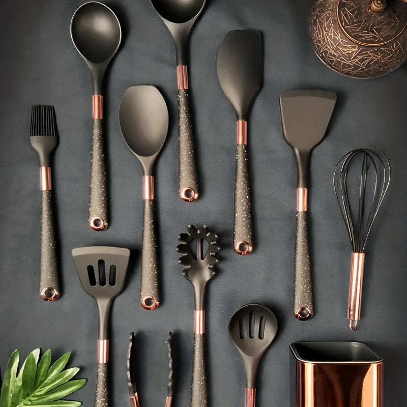 Black & Rose Gold Plated Kitchen Utensil Set (10-Piece with Holder)