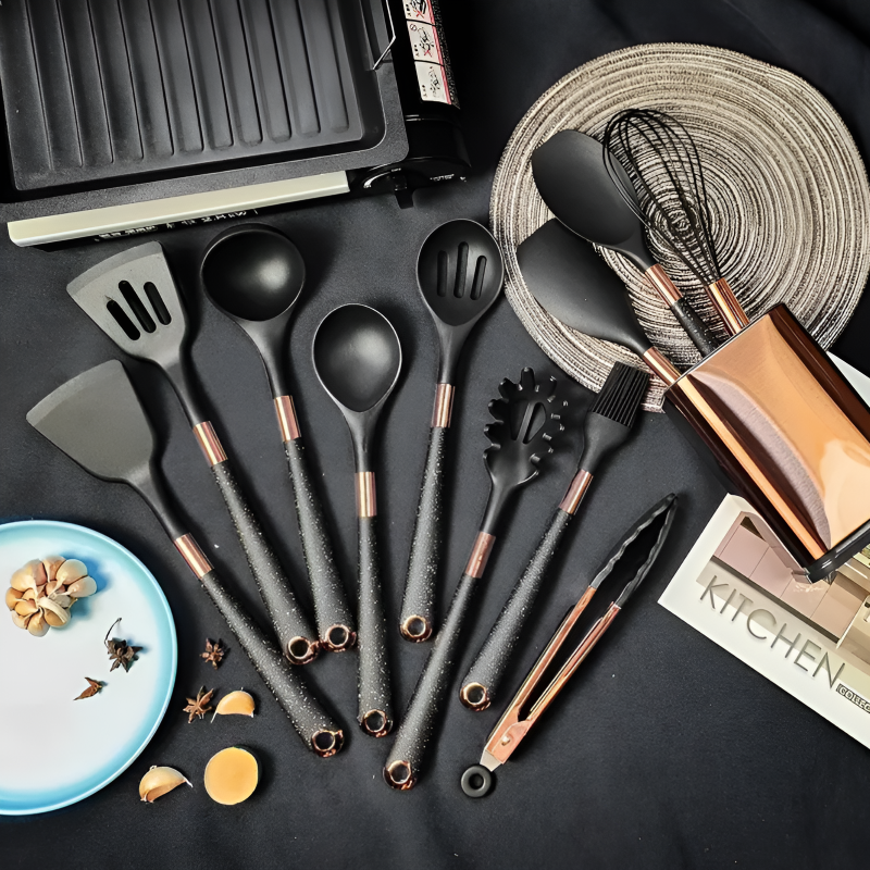 Black & Rose Gold Plated Kitchen Utensil Set (10-Piece with Holder)